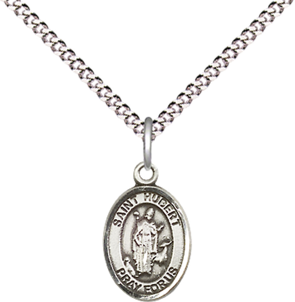 Sterling Silver Saint Hubert of Liege Pendant on a 18 inch Light Rhodium Light Curb chain