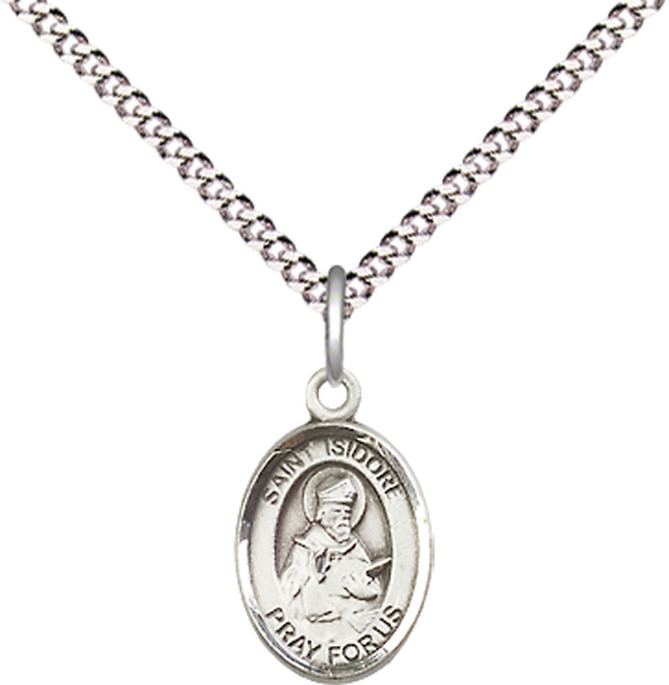 Sterling Silver Saint Isidore of Seville Pendant on a 18 inch Light Rhodium Light Curb chain