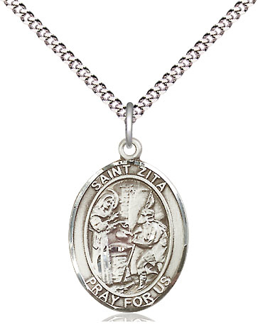 Sterling Silver Saint Zita Pendant on a 18 inch Light Rhodium Light Curb chain