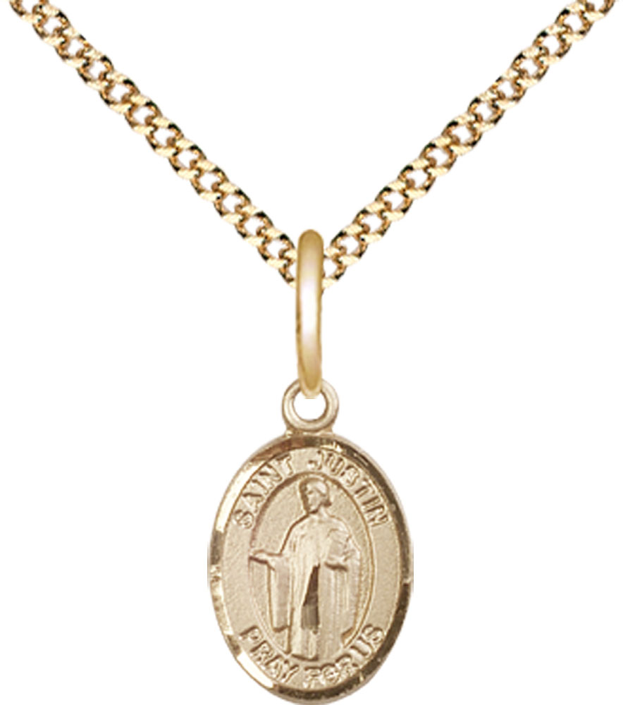 14kt Gold Filled Saint Justin Pendant on a 18 inch Gold Plate Light Curb chain