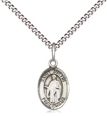 Sterling Silver Saint Justin Pendant on a 18 inch Light Rhodium Light Curb chain