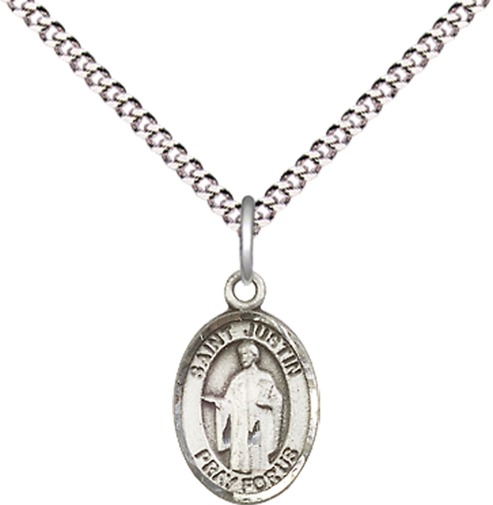 Sterling Silver Saint Justin Pendant on a 18 inch Light Rhodium Light Curb chain