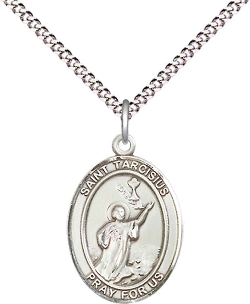 Sterling Silver Saint Tarcisius Pendant on a 18 inch Light Rhodium Light Curb chain