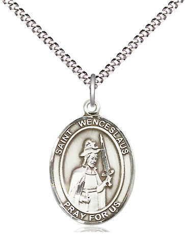 Sterling Silver Saint Wenceslaus Pendant on a 18 inch Light Rhodium Light Curb chain