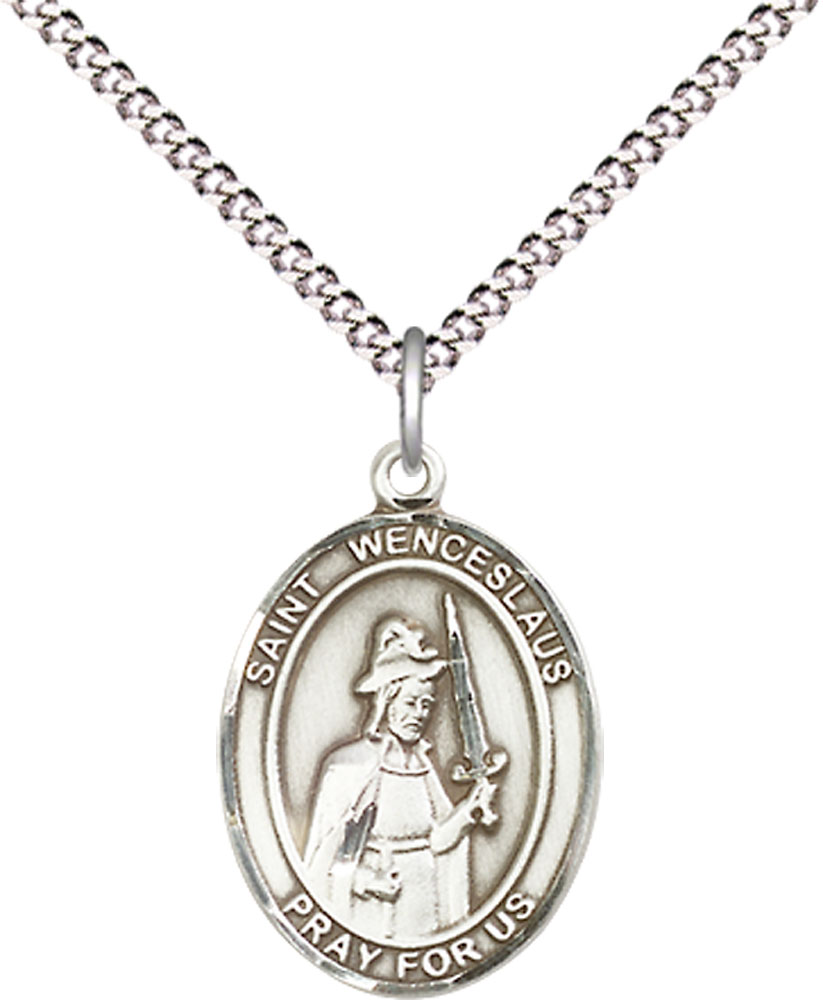 Sterling Silver Saint Wenceslaus Pendant on a 18 inch Light Rhodium Light Curb chain