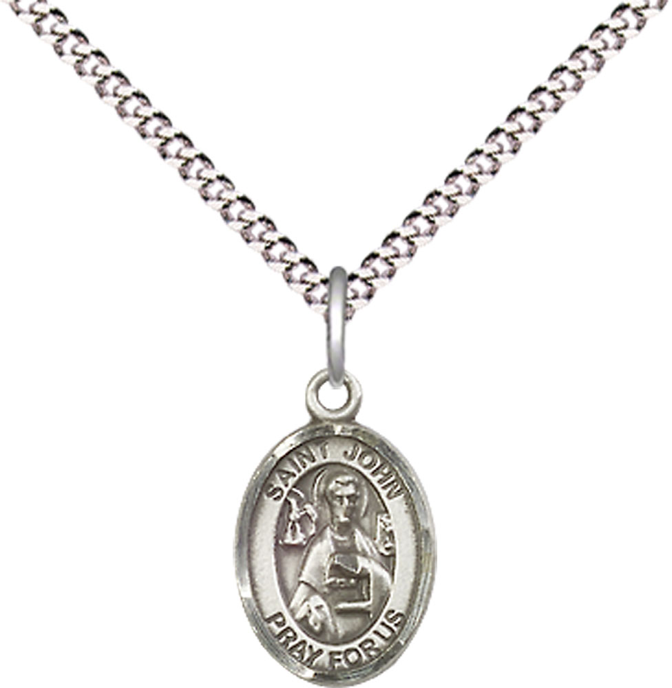 Sterling Silver Saint John the Apostle Pendant on a 18 inch Light Rhodium Light Curb chain