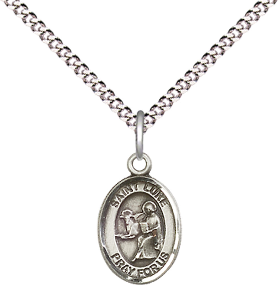 Sterling Silver Saint Luke the Apostle Pendant on a 18 inch Light Rhodium Light Curb chain