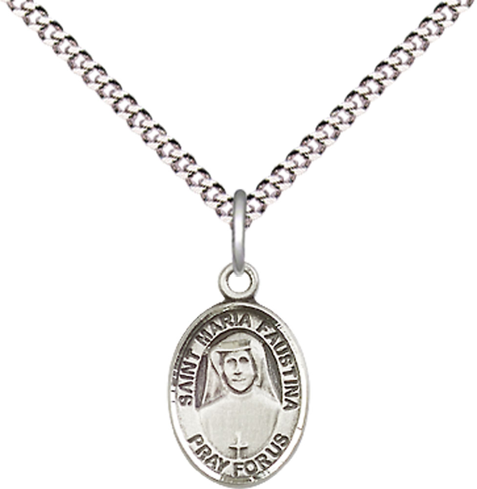 Sterling Silver Saint Maria Faustina Pendant on a 18 inch Light Rhodium Light Curb chain