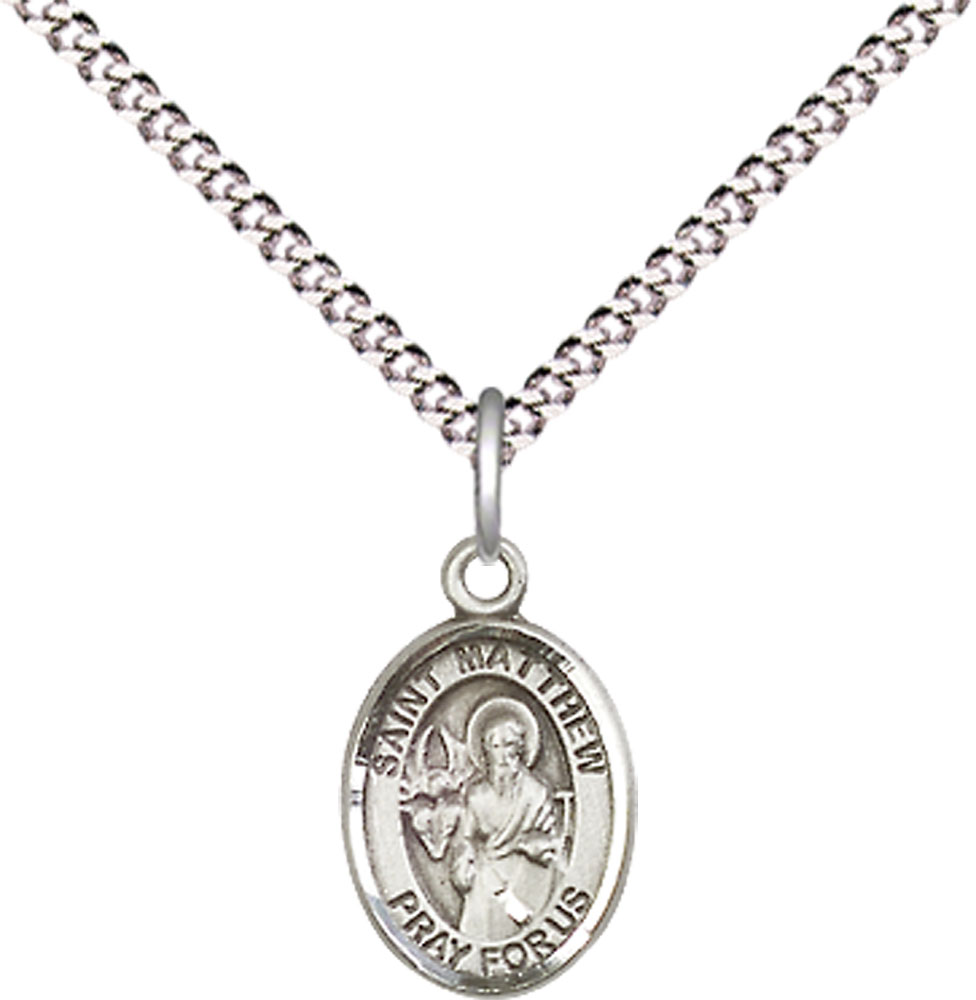 Sterling Silver Saint Matthew the Apostle Pendant on a 18 inch Light Rhodium Light Curb chain