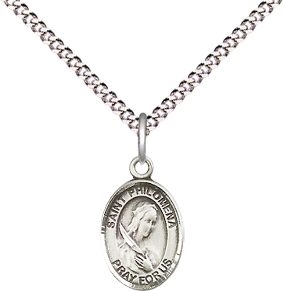 Sterling Silver Saint Philomena Pendant on a 18 inch Light Rhodium Light Curb chain