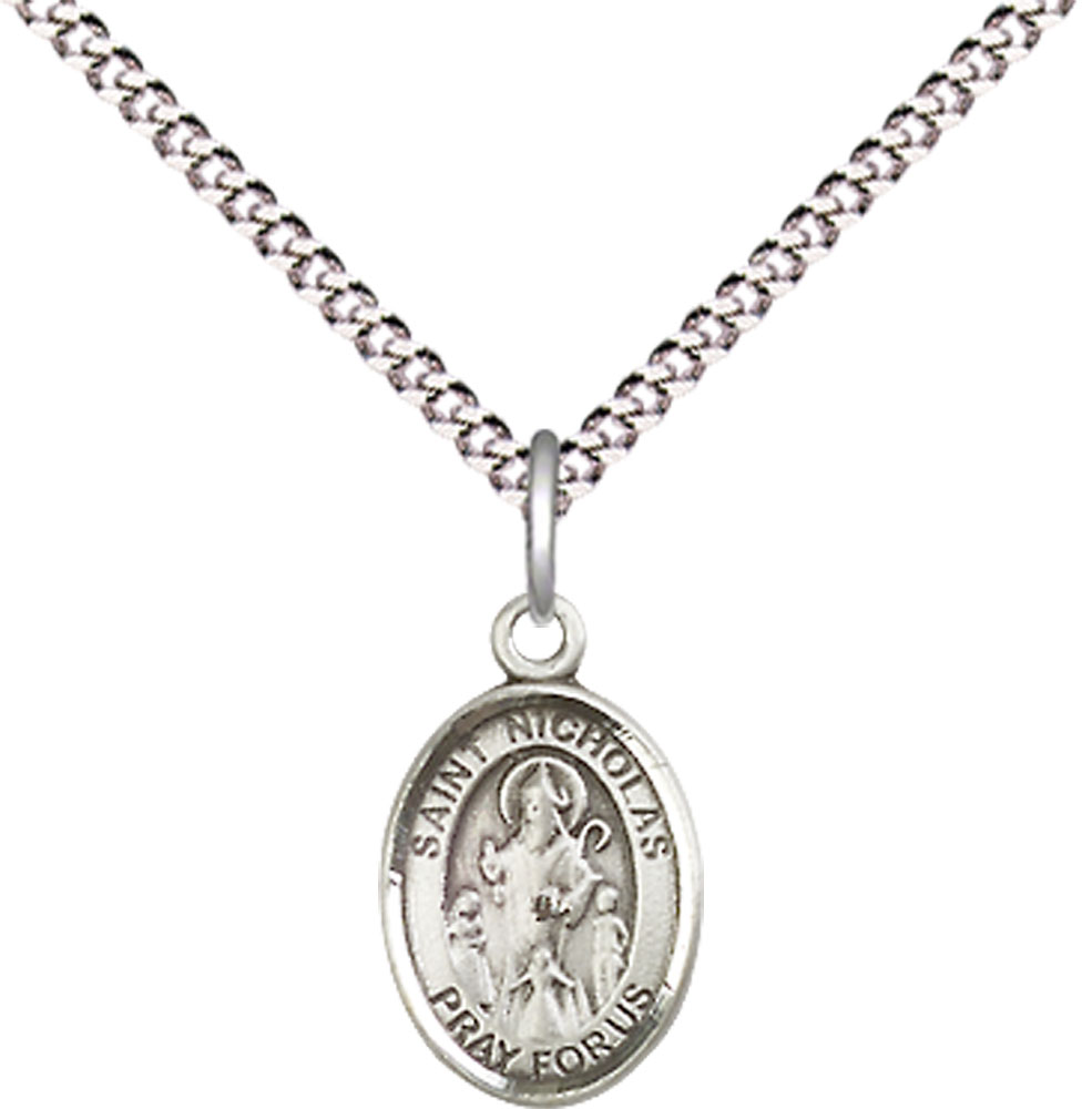 Sterling Silver Saint Nicholas Pendant on a 18 inch Light Rhodium Light Curb chain