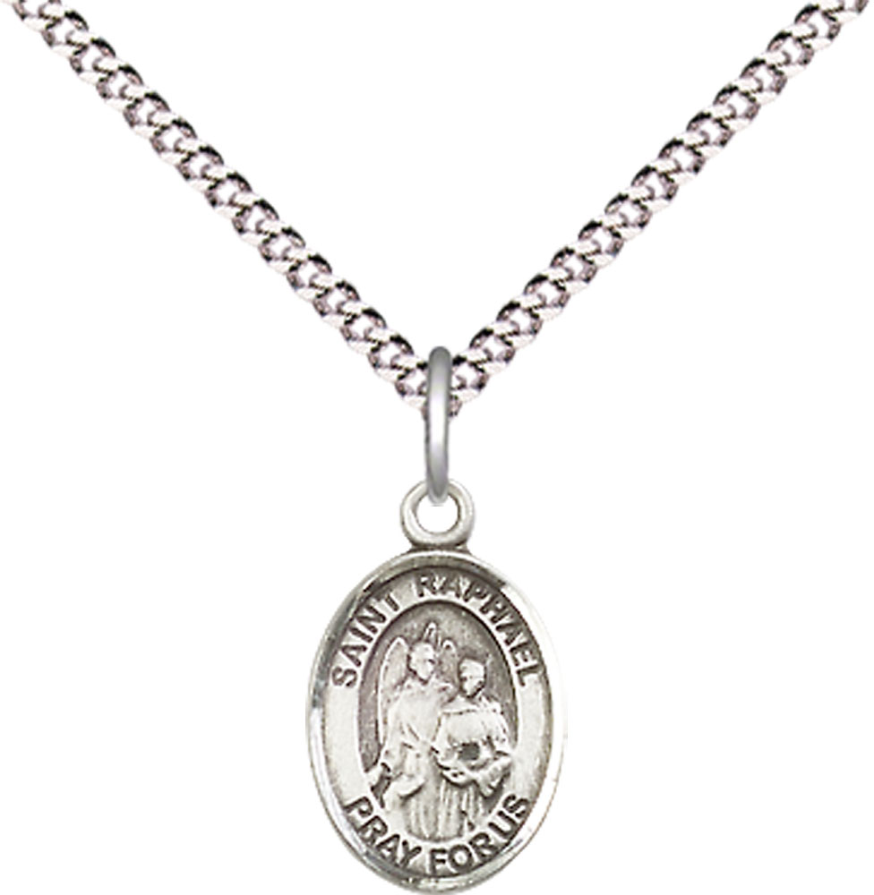Sterling Silver Saint Raphael the Archangel Pendant on a 18 inch Light Rhodium Light Curb chain
