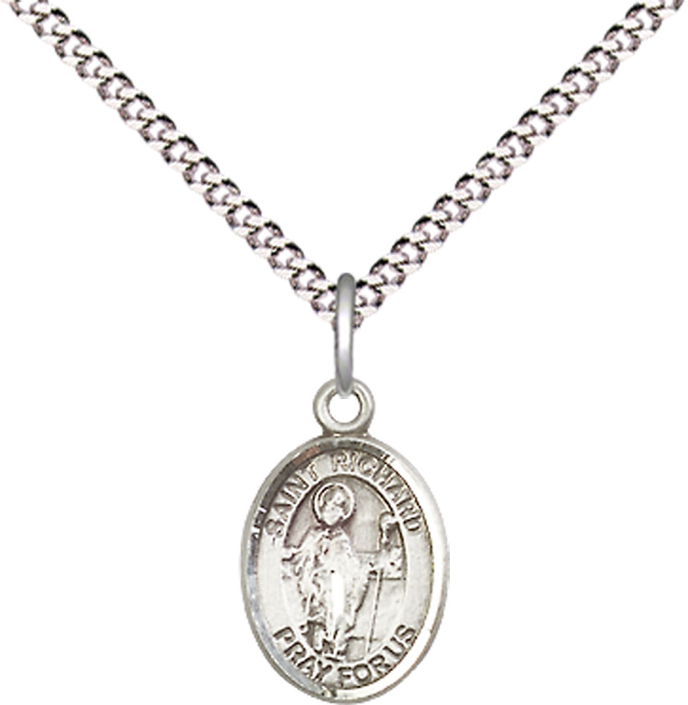 Sterling Silver Saint Richard Pendant on a 18 inch Light Rhodium Light Curb chain