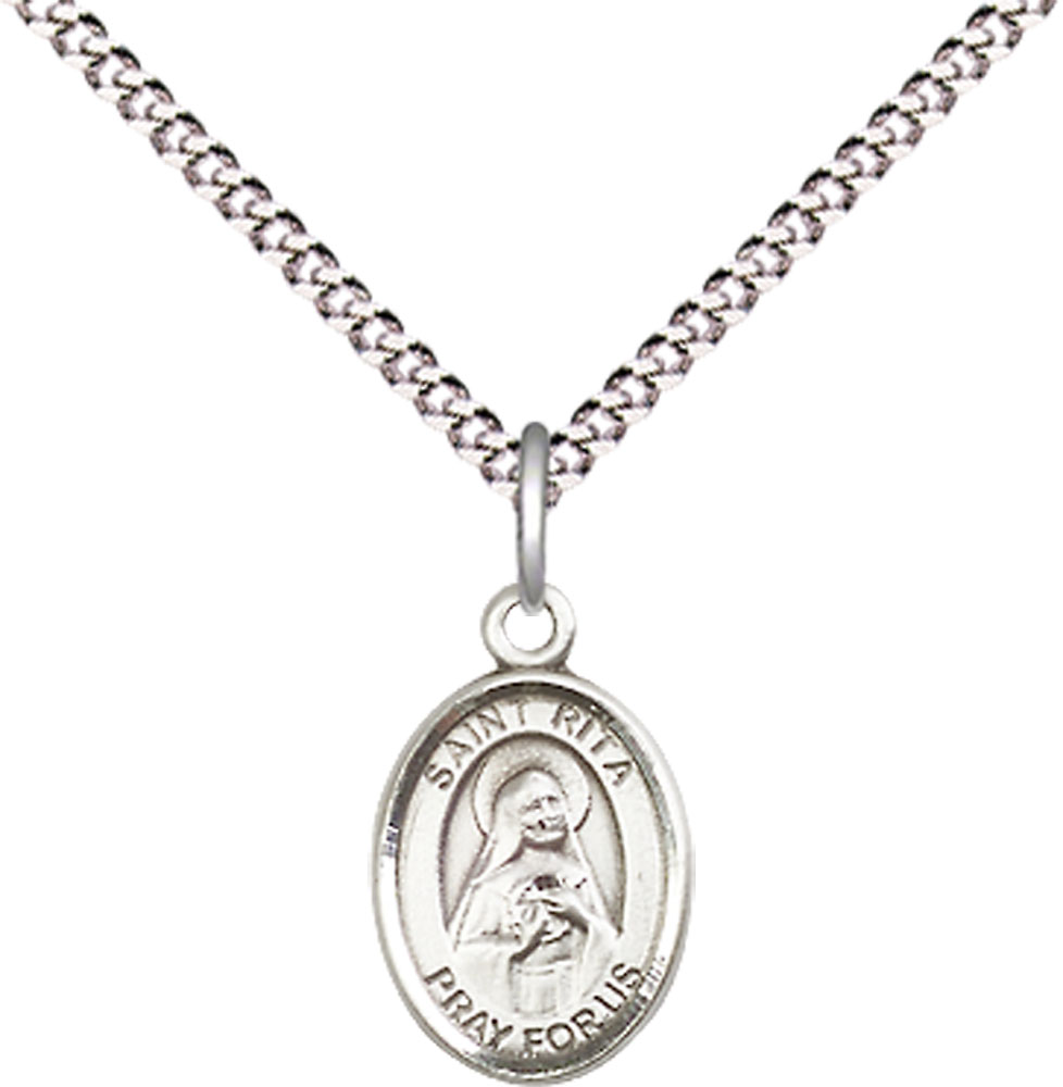 Sterling Silver Saint Rita of Cascia Pendant on a 18 inch Light Rhodium Light Curb chain