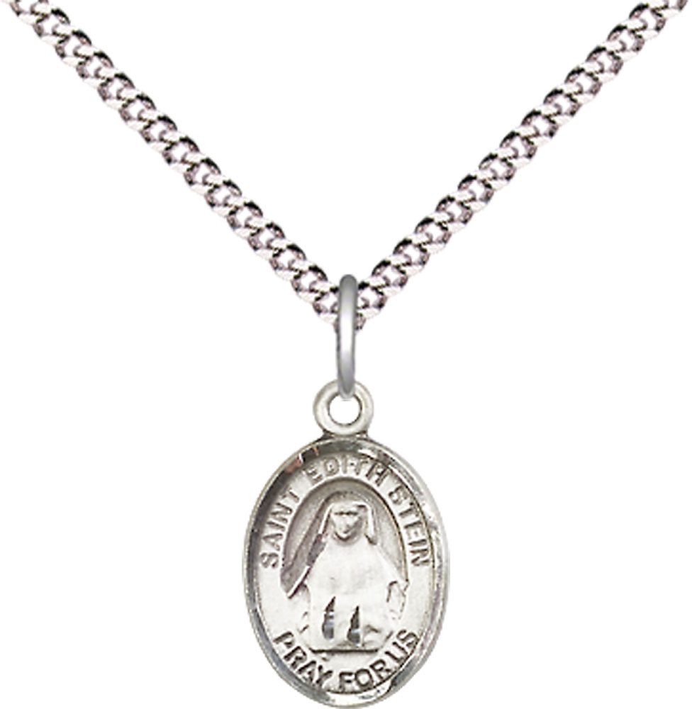 Sterling Silver Saint Edith Stein Pendant on a 18 inch Light Rhodium Light Curb chain