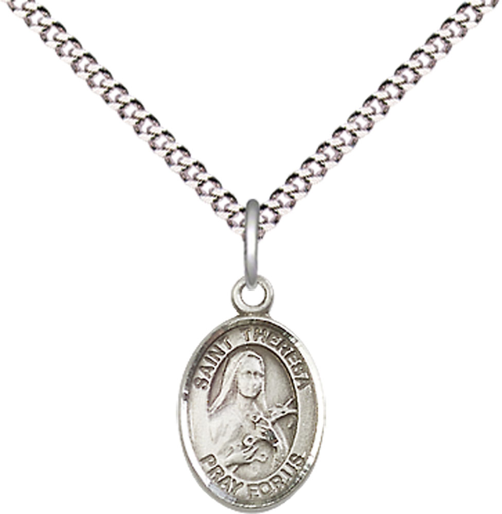Sterling Silver Saint Theresa Pendant on a 18 inch Light Rhodium Light Curb chain