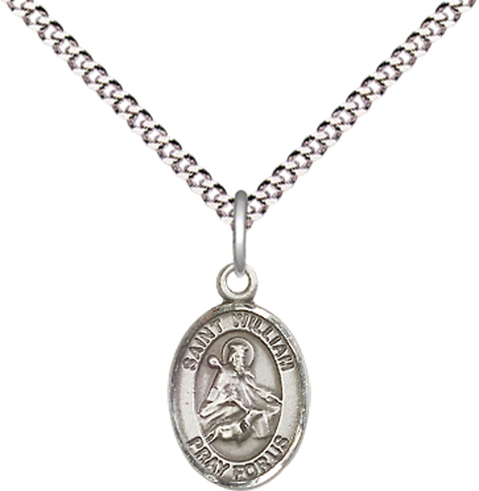 Sterling Silver Saint William of Rochester Pendant on a 18 inch Light Rhodium Light Curb chain