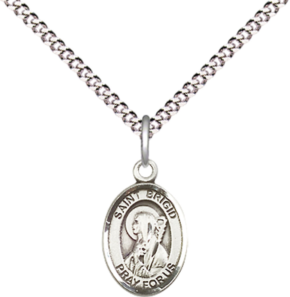 Sterling Silver Saint Brigid of Ireland Pendant on a 18 inch Light Rhodium Light Curb chain
