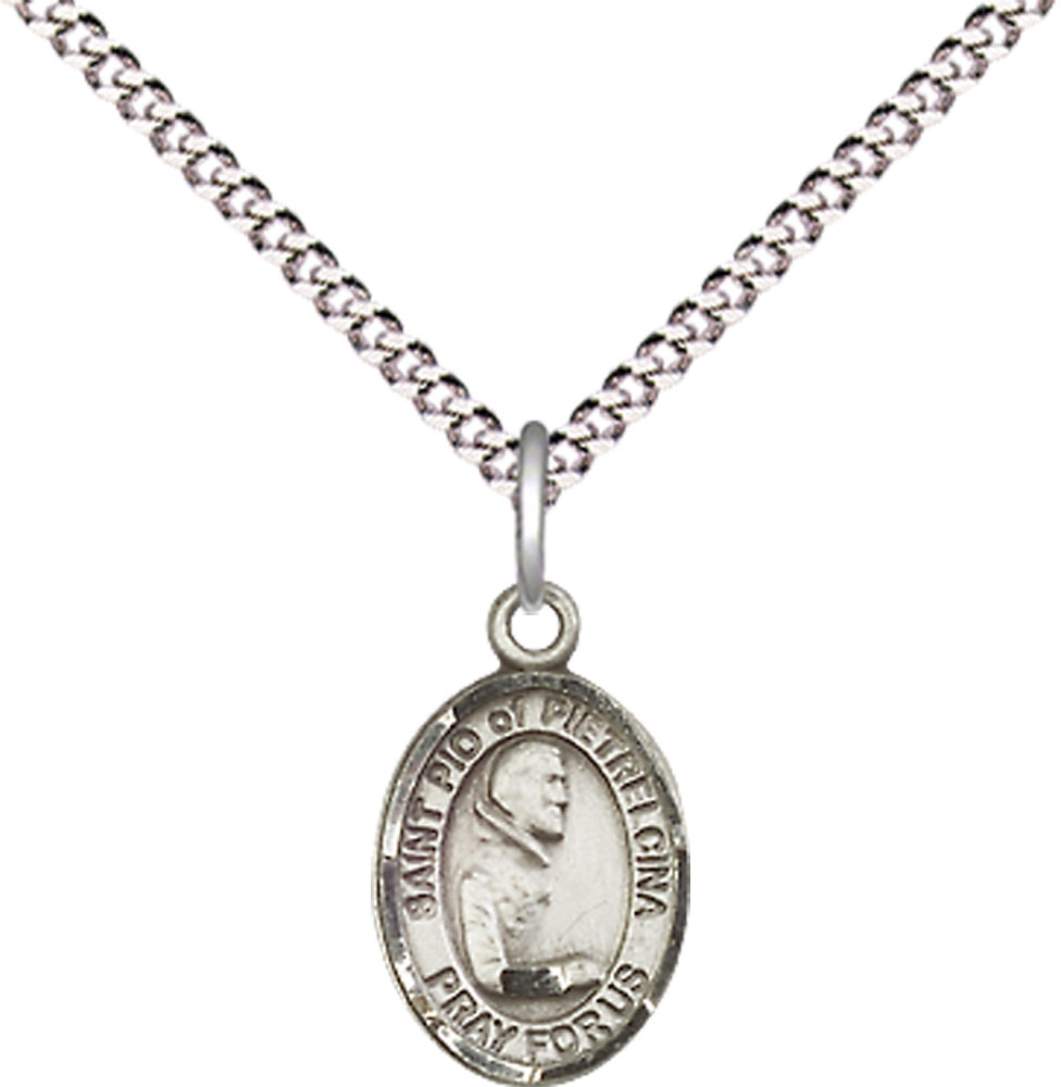 Sterling Silver Saint Pio of Pietrelcina Pendant on a 18 inch Light Rhodium Light Curb chain