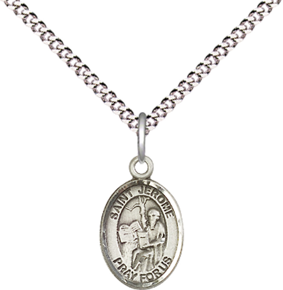 Sterling Silver Saint Jerome Pendant on a 18 inch Light Rhodium Light Curb chain