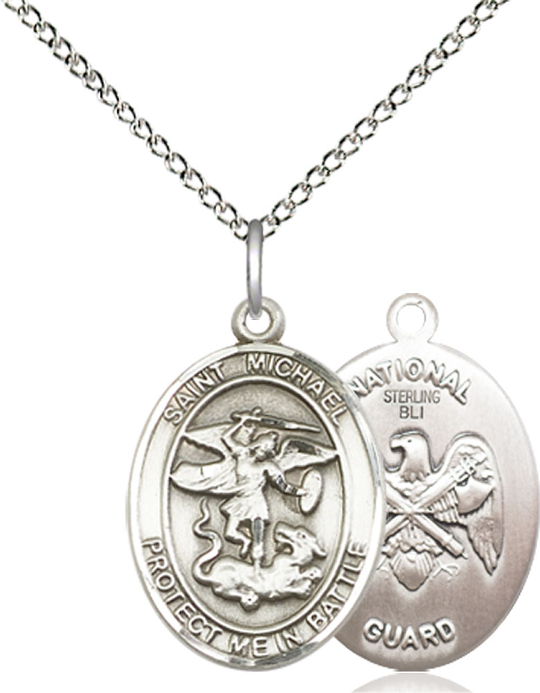 Sterling Silver Saint Michael National Guard Pendant on a 18 inch Sterling Silver Light Curb chain