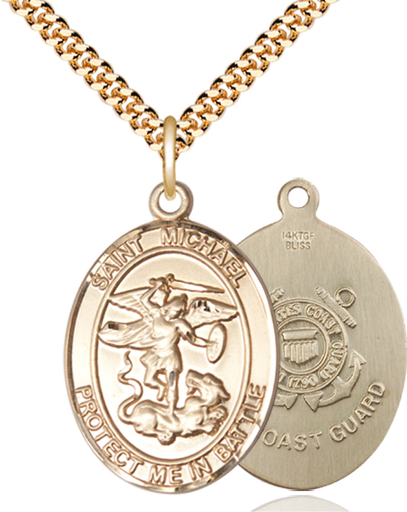 14kt Gold Filled Saint Michael Coast Guard Pendant on a 24 inch Gold Plate Heavy Curb chain