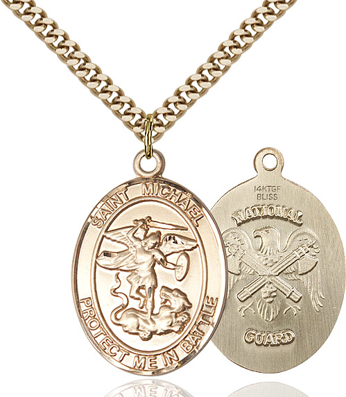 14kt Gold Filled Saint Michael National Guard Pendant on a 24 inch Gold Plate Heavy Curb chain