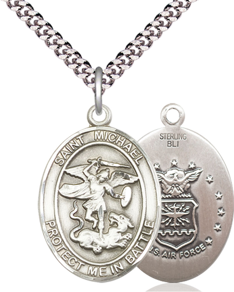 Sterling Silver Saint Michael Air Force Pendant on a 24 inch Light Rhodium Heavy Curb chain