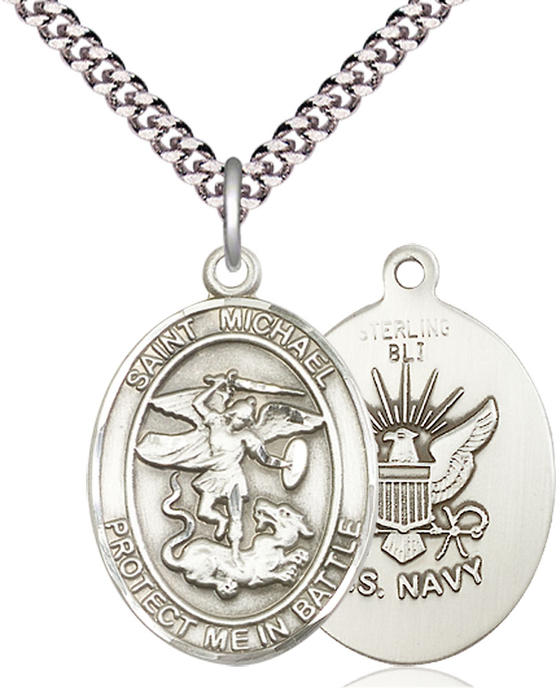 Sterling Silver Saint Michael Navy Pendant on a 24 inch Light Rhodium Heavy Curb chain