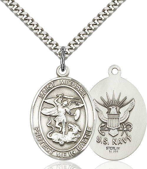 Sterling Silver Saint Michael Navy Pendant on a 24 inch Light Rhodium Heavy Curb chain
