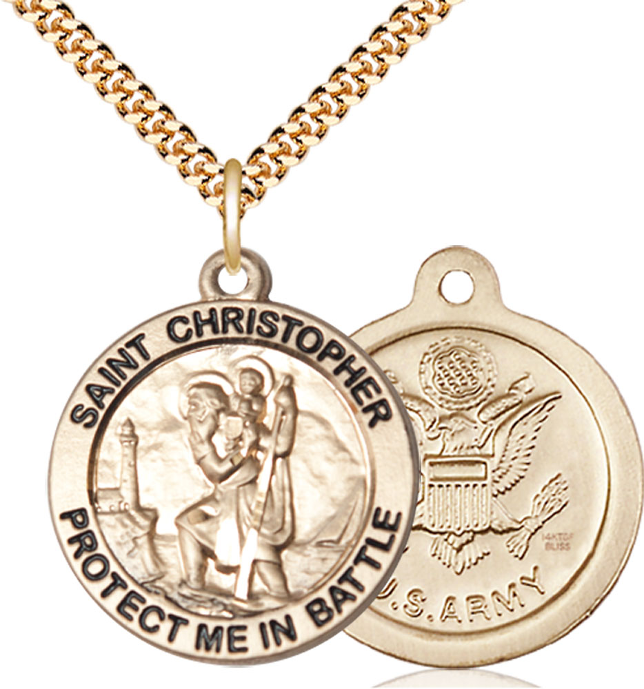 14kt Gold Filled Saint Christopher Army Pendant on a 24 inch Gold Plate Heavy Curb chain