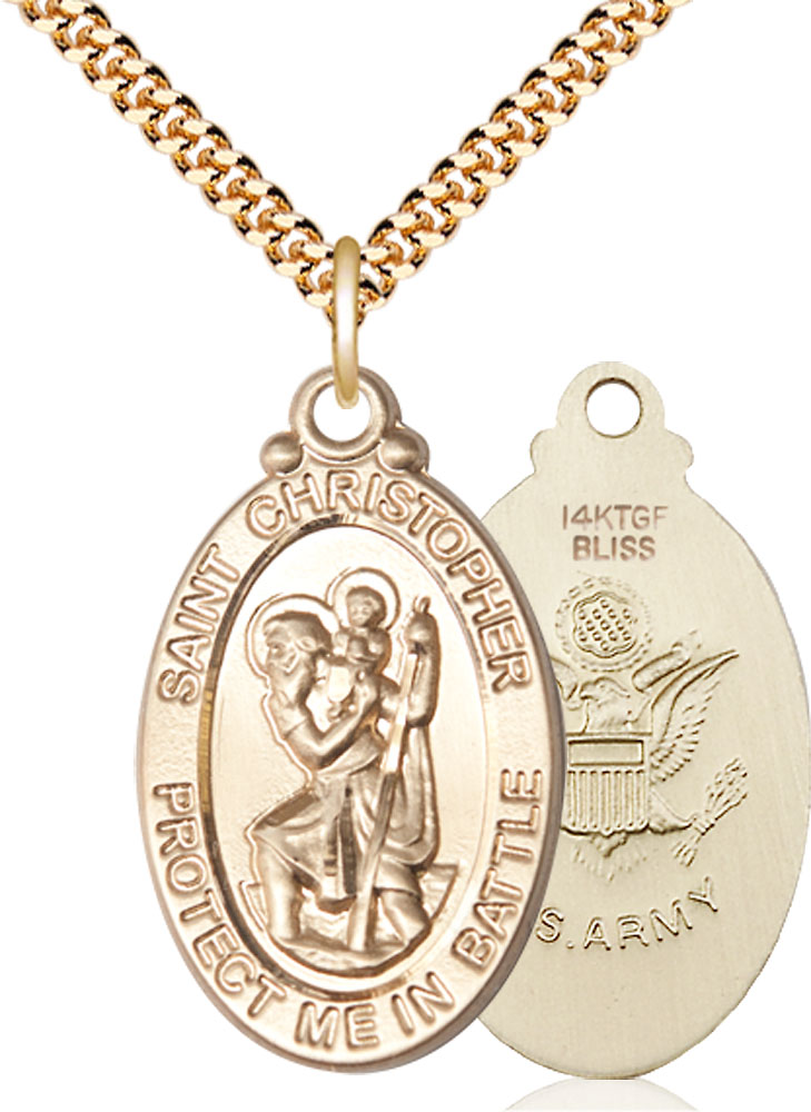 14kt Gold Filled Saint Christopher Army Pendant on a 24 inch Gold Plate Heavy Curb chain
