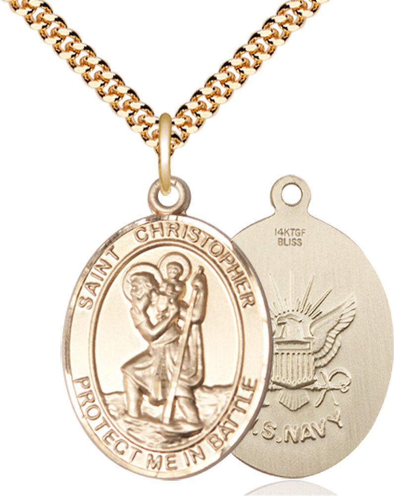 14kt Gold Filled Saint Christopher Navy Pendant on a 24 inch Gold Plate Heavy Curb chain
