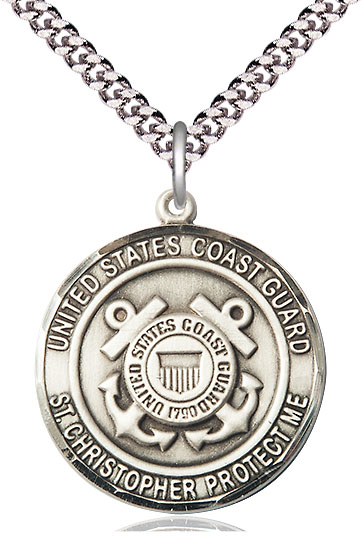 Sterling Silver Coast Guard St Christopher Pendant on a 24 inch Light Rhodium Heavy Curb chain