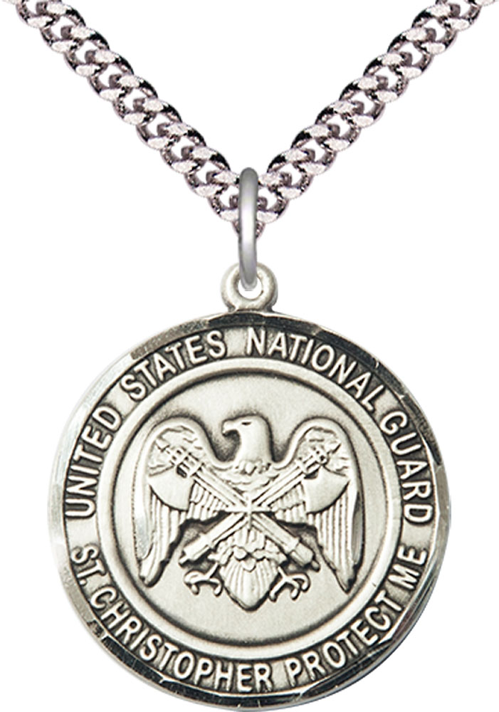 Sterling Silver National Guard St Christopher Pendant on a 24 inch Light Rhodium Heavy Curb chain