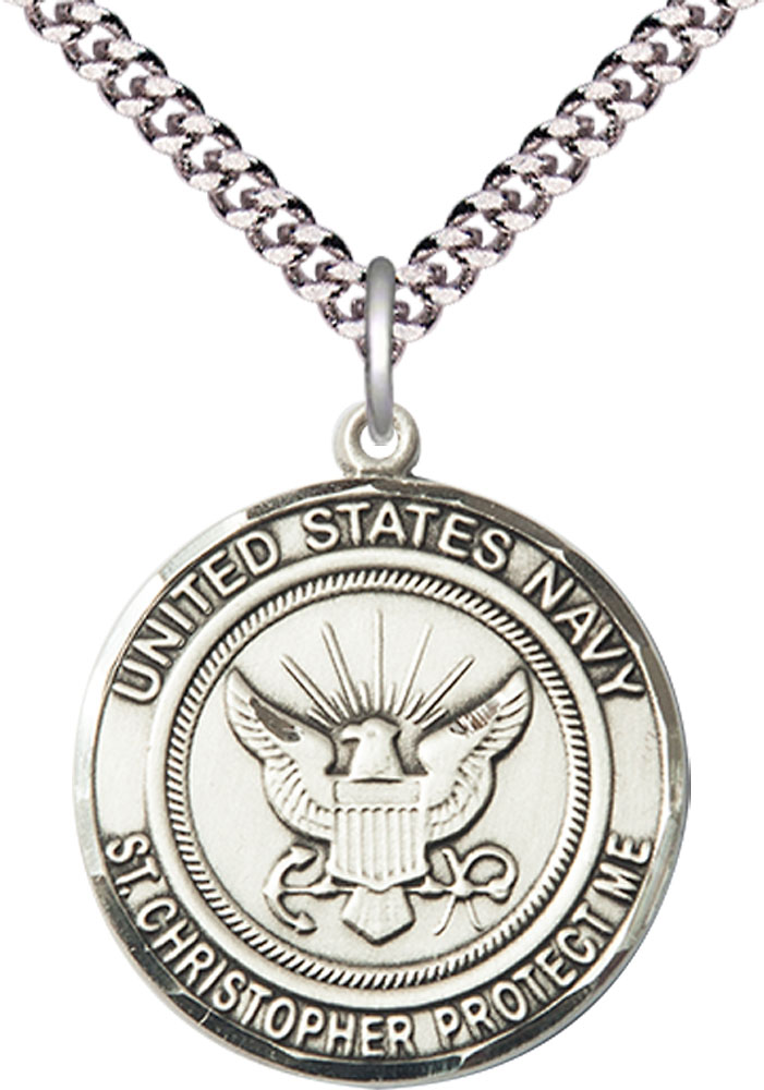 Sterling Silver Navy St Christopher Pendant on a 24 inch Light Rhodium Heavy Curb chain