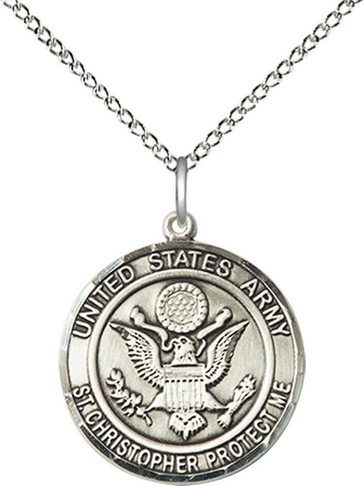 Sterling Silver Army St Christopher Pendant on a 18 inch Sterling Silver Light Curb chain