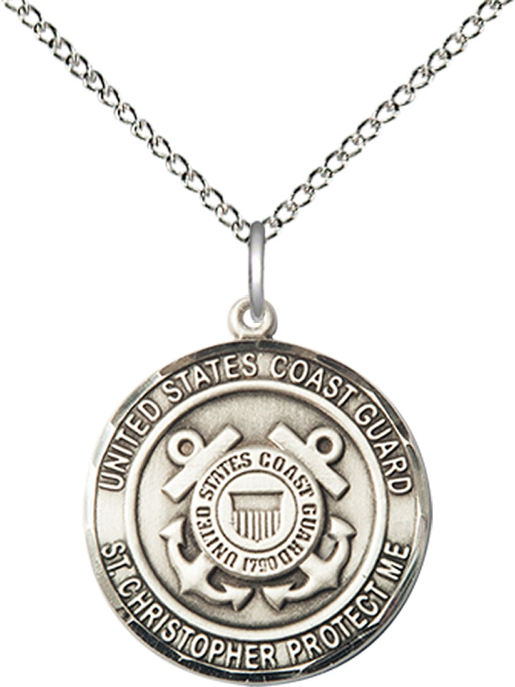 Sterling Silver Coast Guard St Christopher Pendant on a 18 inch Sterling Silver Light Curb chain