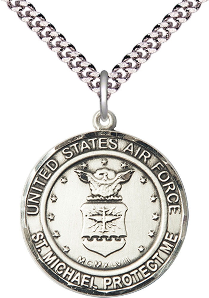Sterling Silver Air Force St Michael Pendant on a 24 inch Light Rhodium Heavy Curb chain