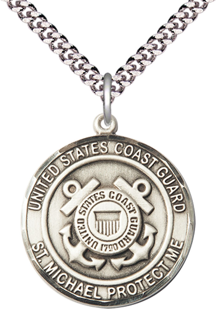 Sterling Silver Coast Guard St Michael Pendant on a 24 inch Light Rhodium Heavy Curb chain