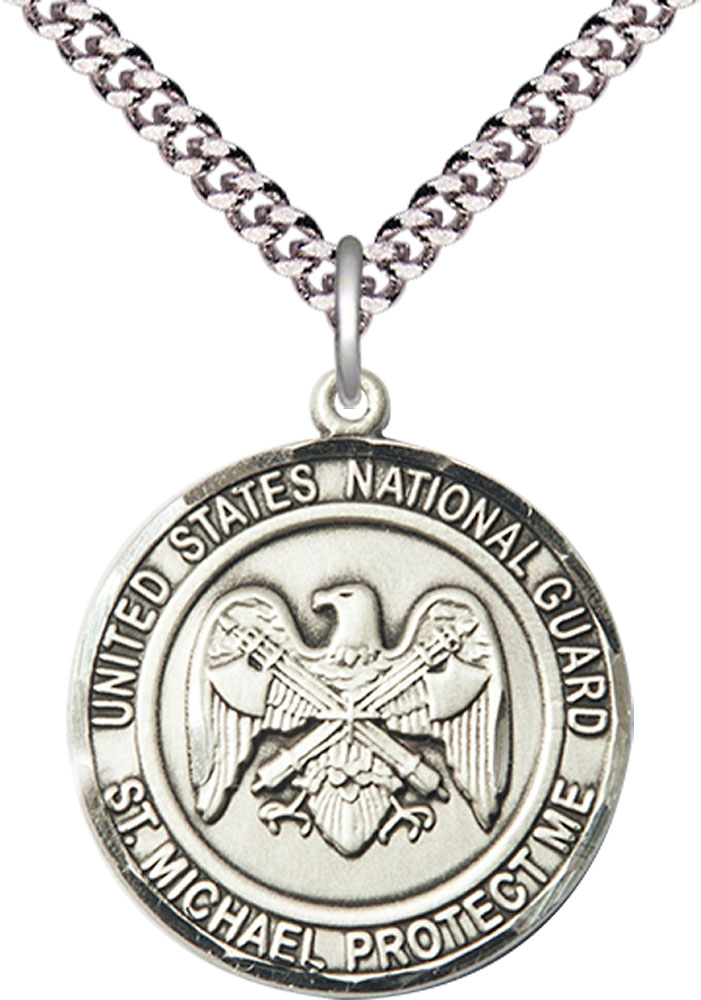 Sterling Silver National Guard St Michael Pendant on a 24 inch Light Rhodium Heavy Curb chain