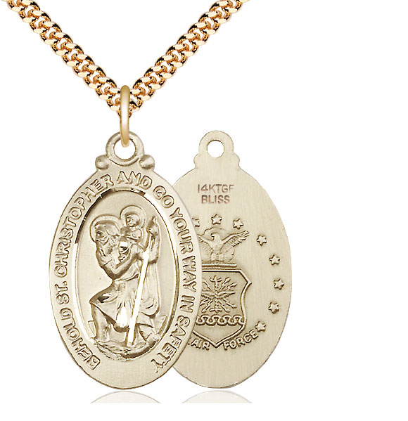 14kt Gold Filled Saint Christopher Air Force Pendant on a 24 inch Gold Plate Heavy Curb chain
