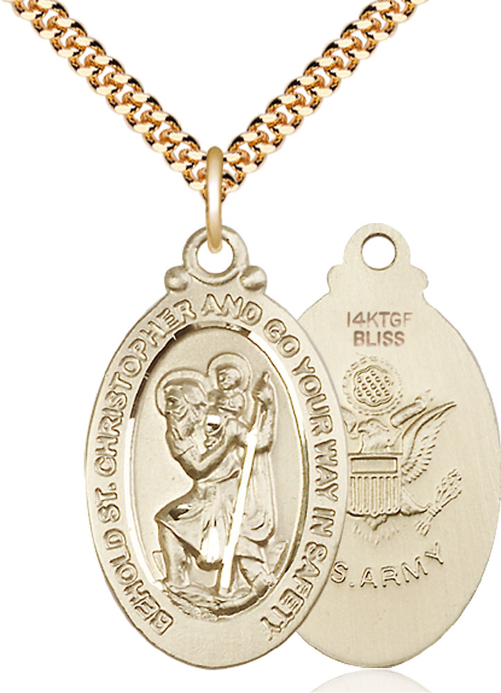 14kt Gold Filled Saint Christopher Army Pendant on a 24 inch Gold Plate Heavy Curb chain