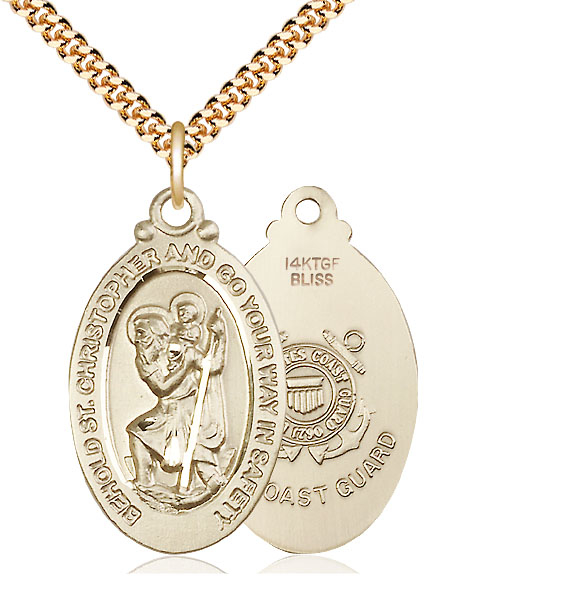 14kt Gold Filled Saint Christopher Coast Guard Pendant on a 24 inch Gold Plate Heavy Curb chain
