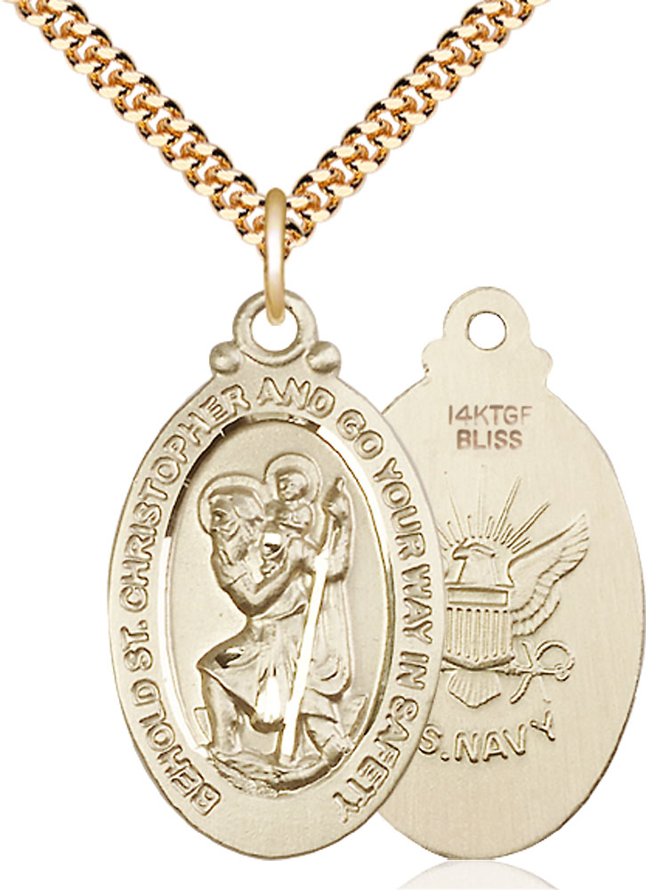 14kt Gold Filled Saint Christopher Navy Pendant on a 24 inch Gold Plate Heavy Curb chain