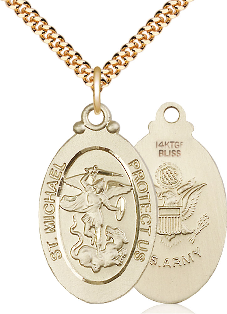 14kt Gold Filled Saint Michael Army Pendant on a 24 inch Gold Plate Heavy Curb chain