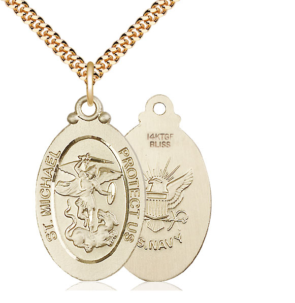 14kt Gold Filled Saint Michael Navy Pendant on a 24 inch Gold Plate Heavy Curb chain