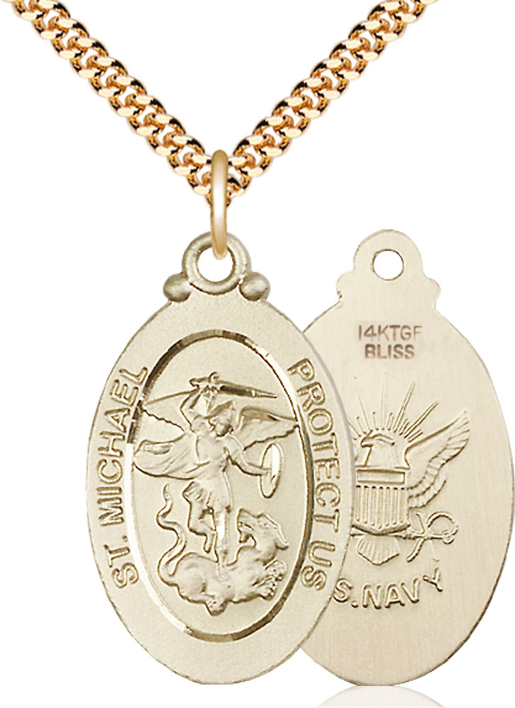14kt Gold Filled Saint Michael Navy Pendant on a 24 inch Gold Plate Heavy Curb chain