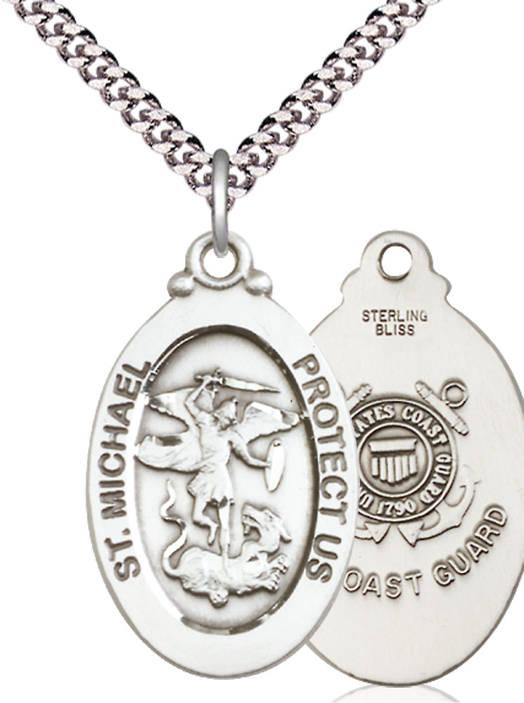 Sterling Silver Saint Michael Coast Guard Pendant on a 24 inch Light Rhodium Heavy Curb chain