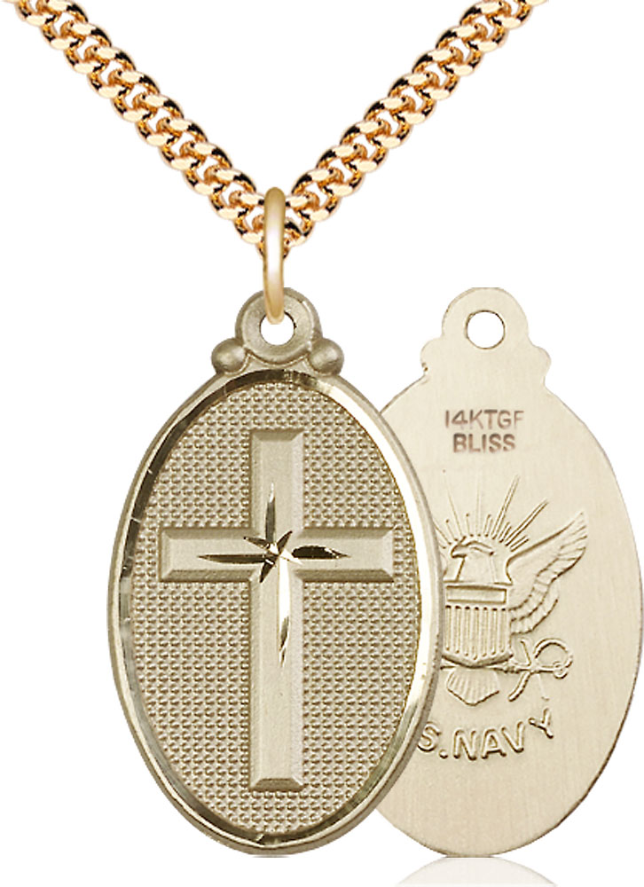 14kt Gold Filled Cross Navy Pendant on a 24 inch Gold Plate Heavy Curb chain